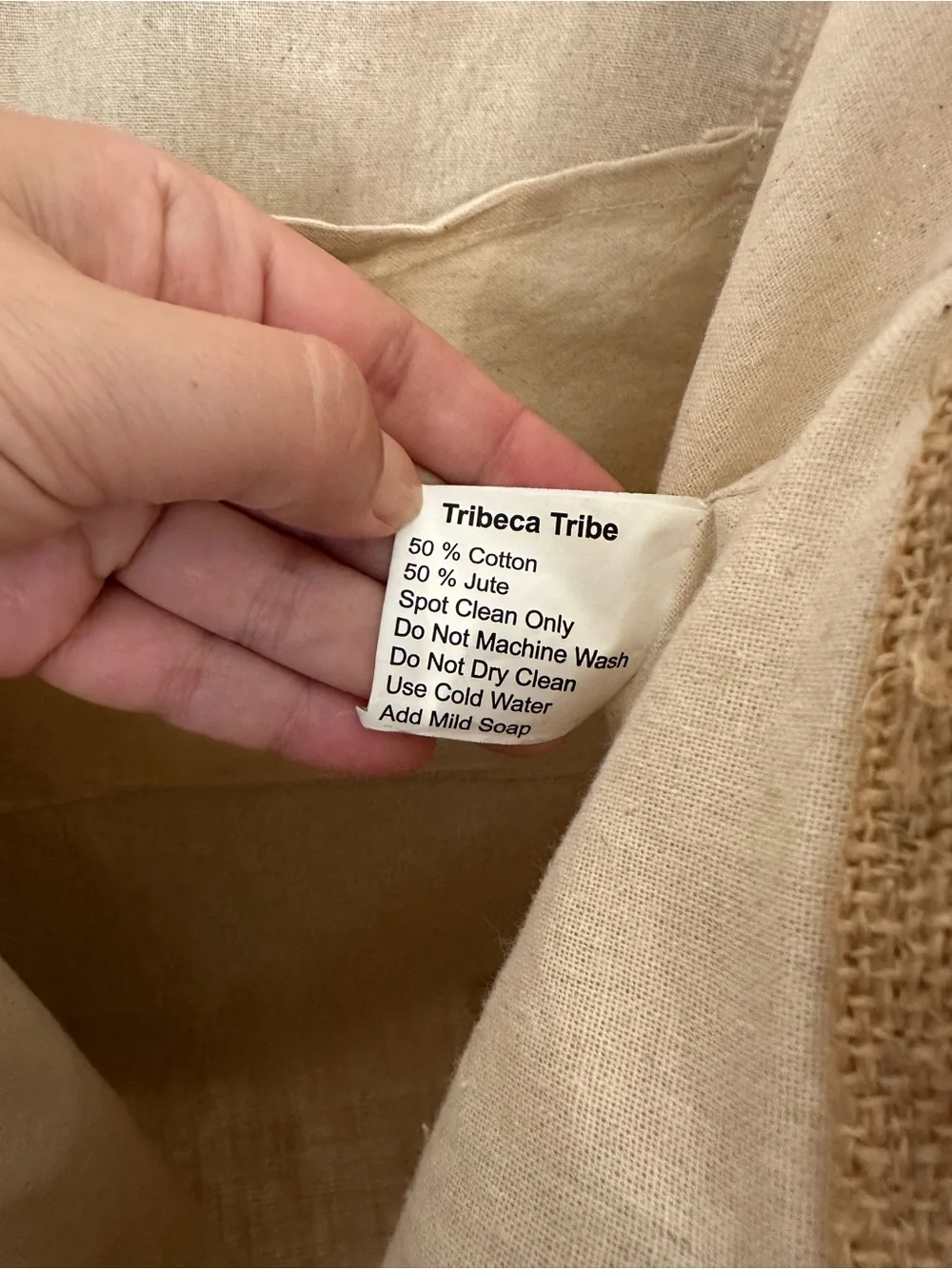 Tribeca Tribe Jute Cotton Blend Tote Bag‎ Tan Cream Boho Shoulder Bag Pocket